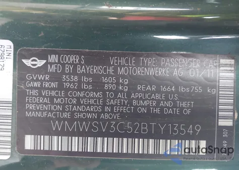 2011 Mini Cooper S z USA, uszkodzony, nr VIN WMWSV3C52BTY13549